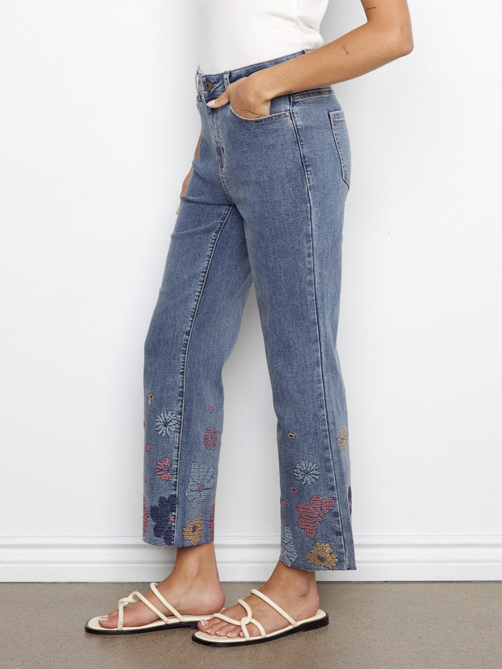 Pixilated Flower Embroidered Hem Straight Leg Jean