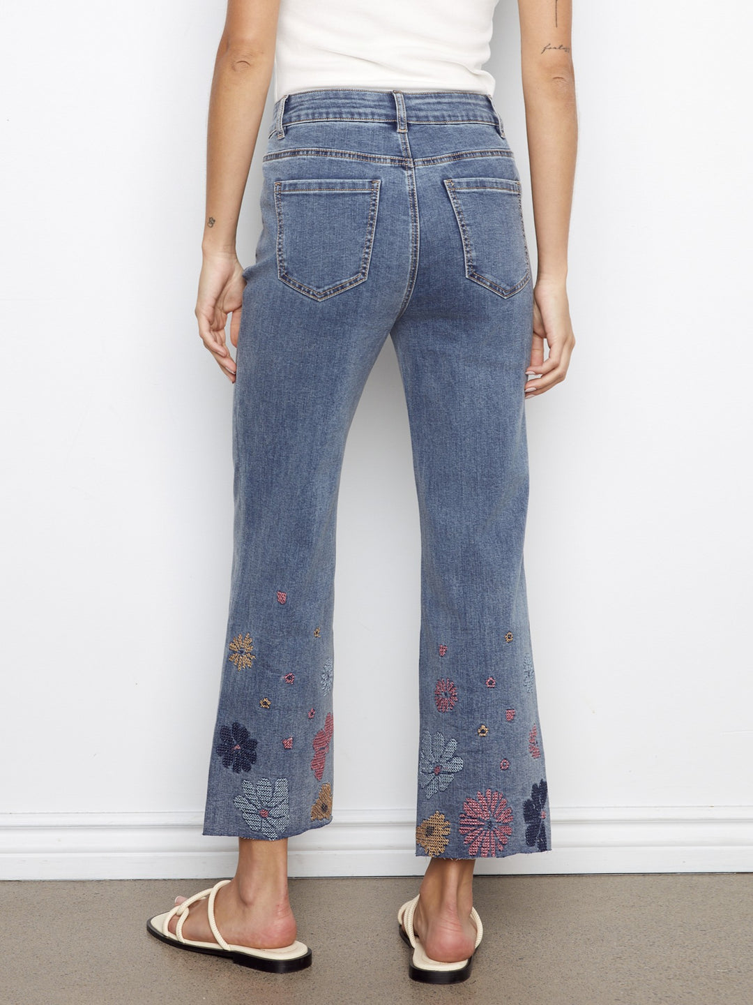Pixilated Flower Embroidered Hem Straight Leg Jean