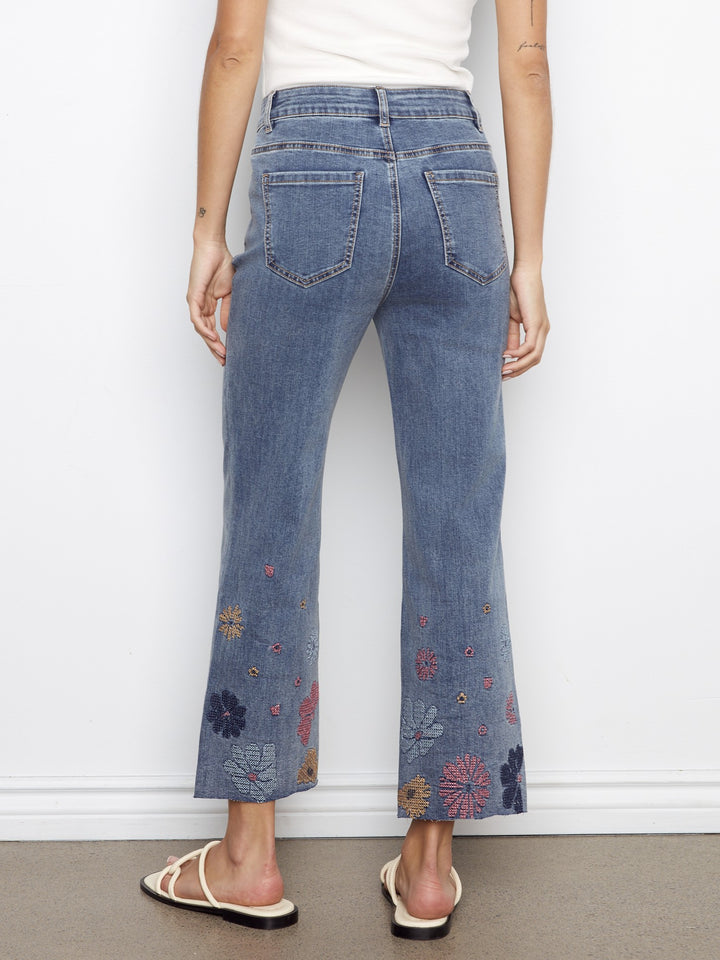 Pixilated Flower Embroidered Hem Straight Leg Jean