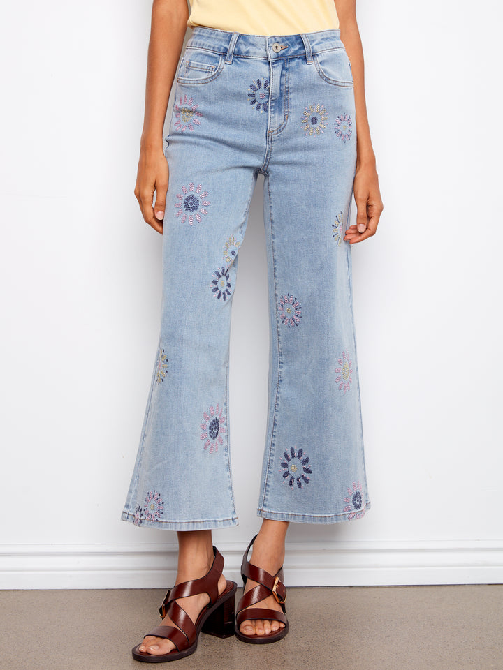 Pixilated Flower Embroidered Wide Leg Jean