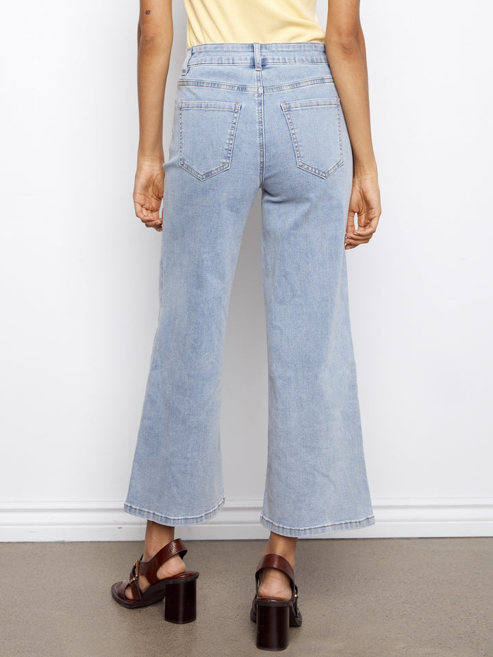 Pixilated Flower Embroidered Wide Leg Jean