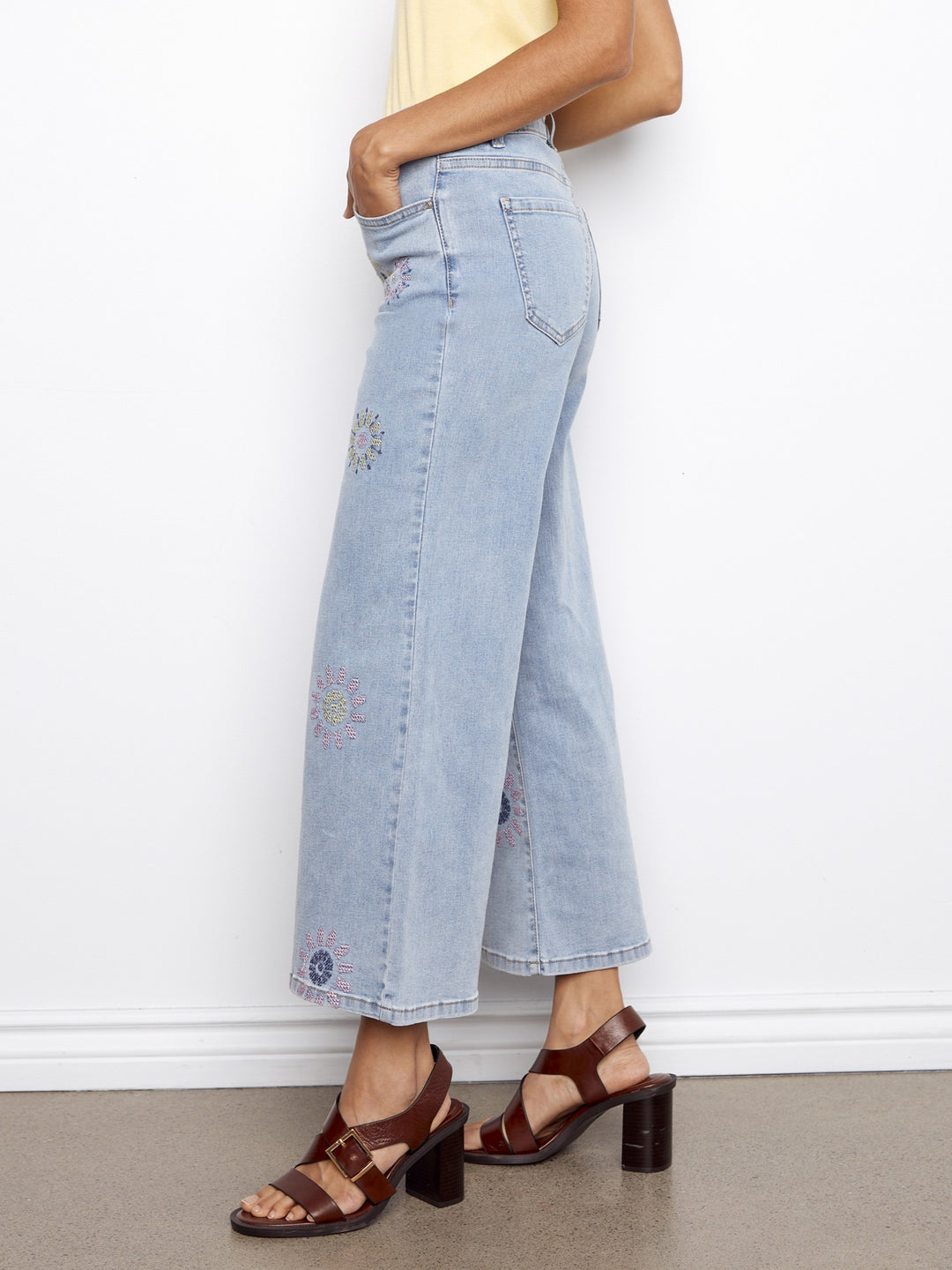Pixilated Flower Embroidered Wide Leg Jean