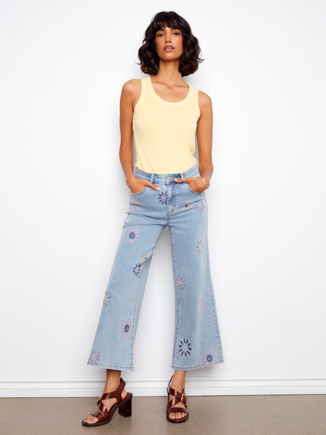 Pixilated Flower Embroidered Wide Leg Jean