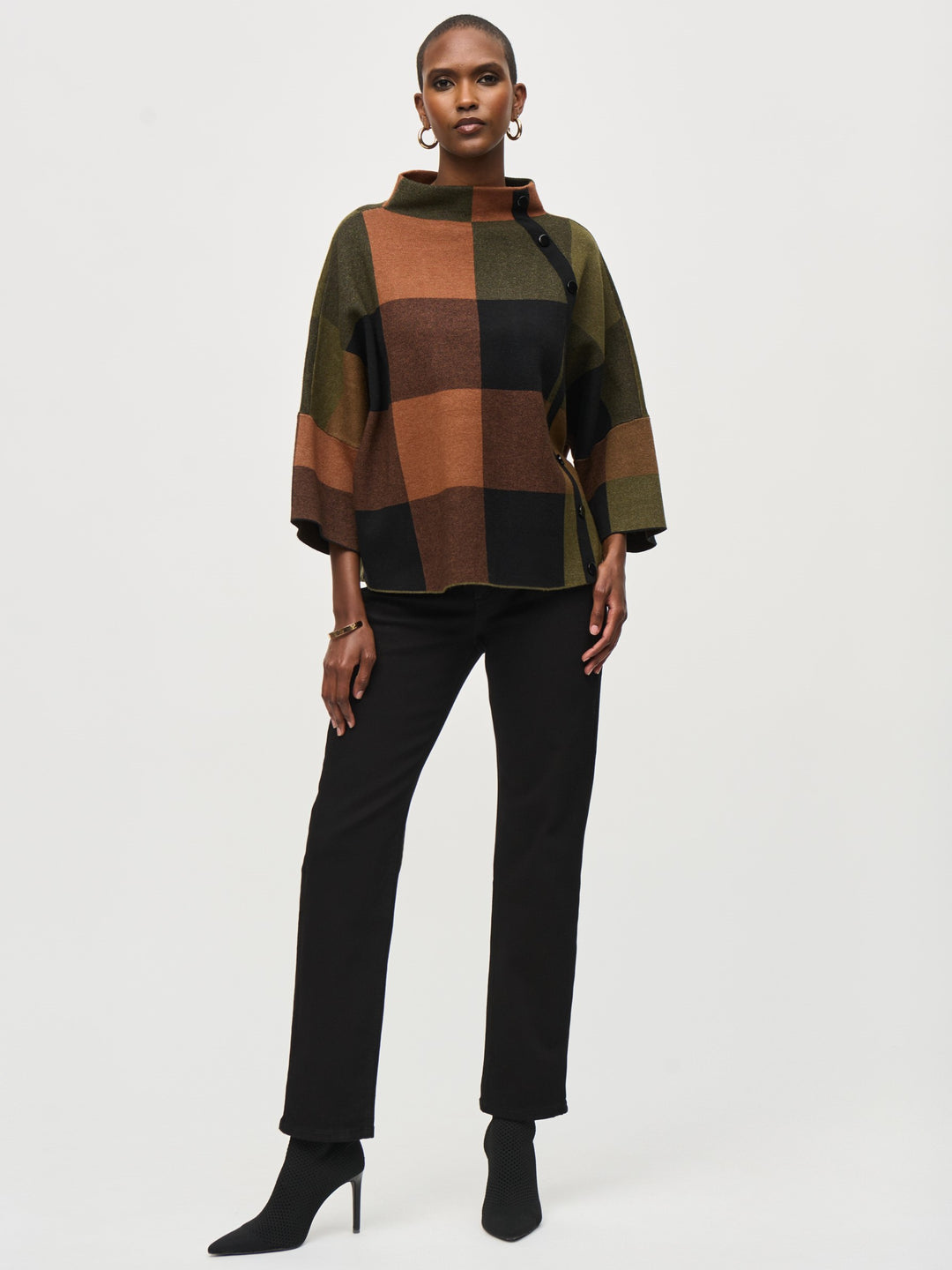 Plaid Jacquard Knit Side Button Sweater