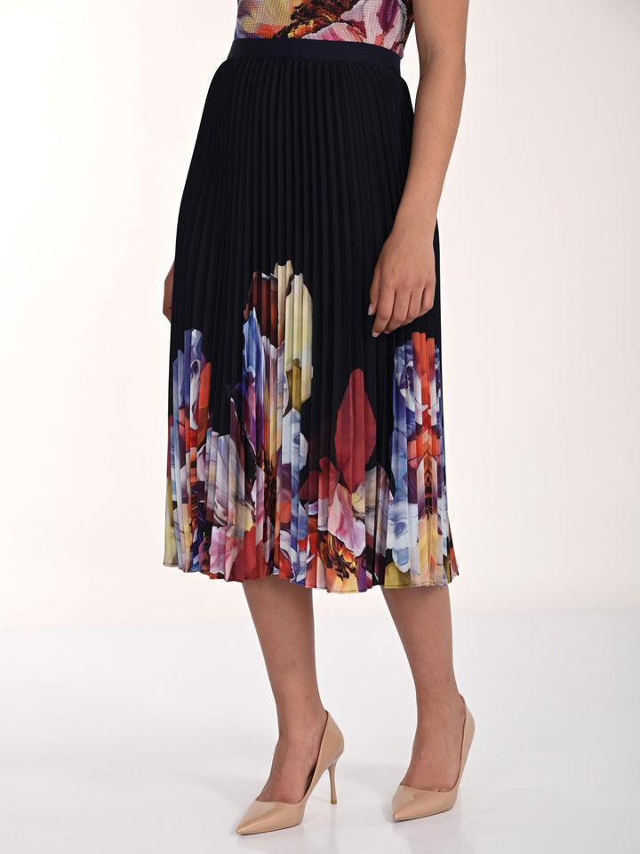 Pleated Floral Print Midi Skirt
