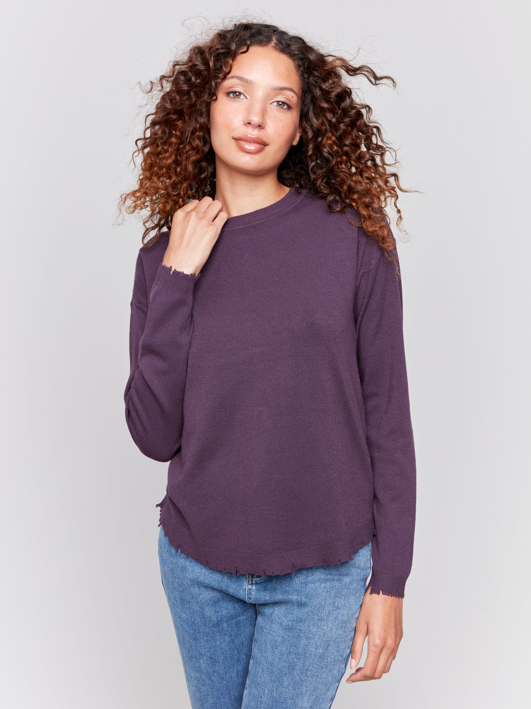 Plum Distressed Round Hem Sweater