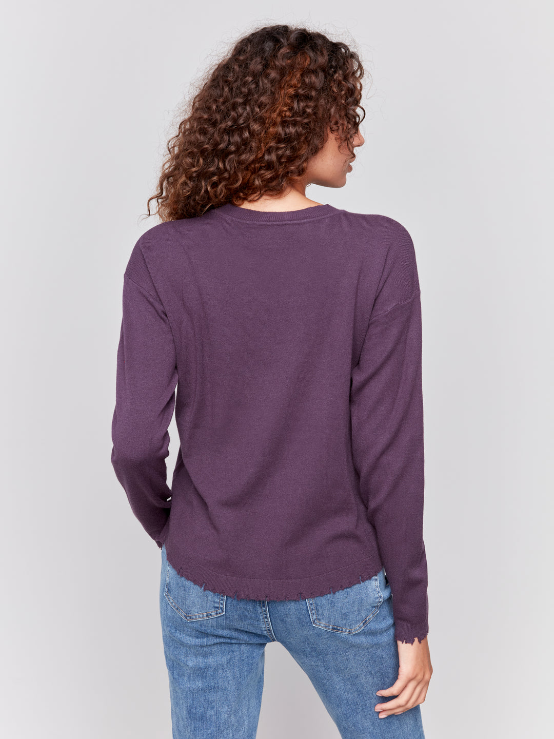 Plum Distressed Round Hem Sweater