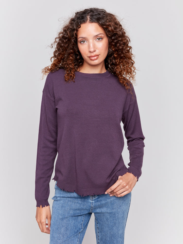 Plum Distressed Round Hem Sweater