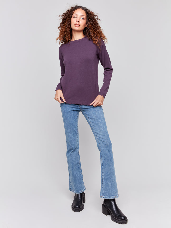 Plum Distressed Round Hem Sweater