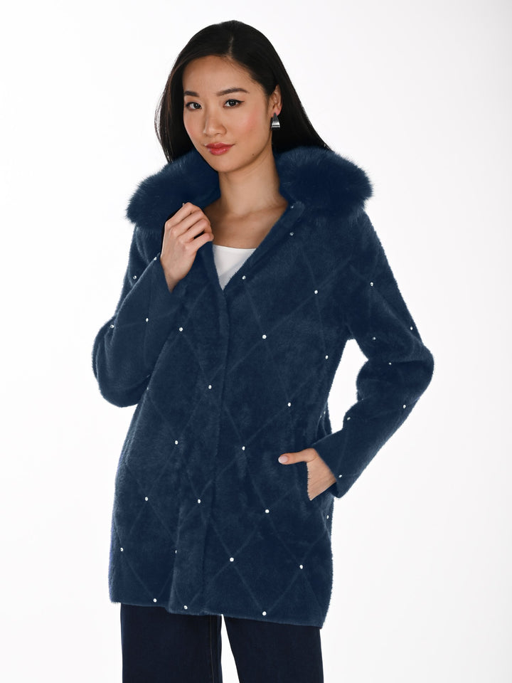 Plush Knit Rhinestone Accent Coat with Detachable Collar