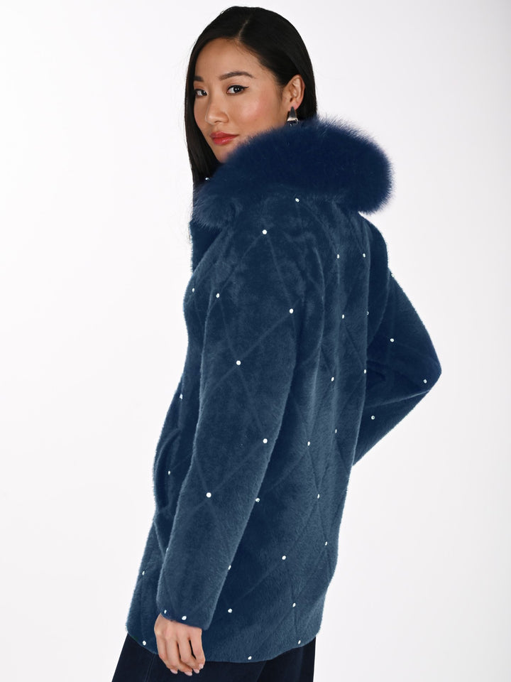 Plush Knit Rhinestone Accent Coat with Detachable Collar