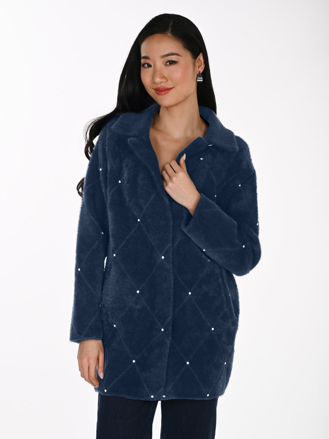 Plush Knit Rhinestone Accent Coat with Detachable Collar