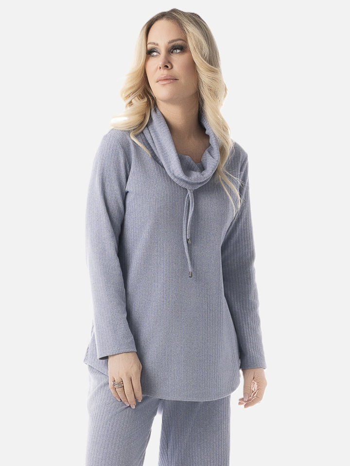 Polished Casual Blue Draped Cowl Neck Top
