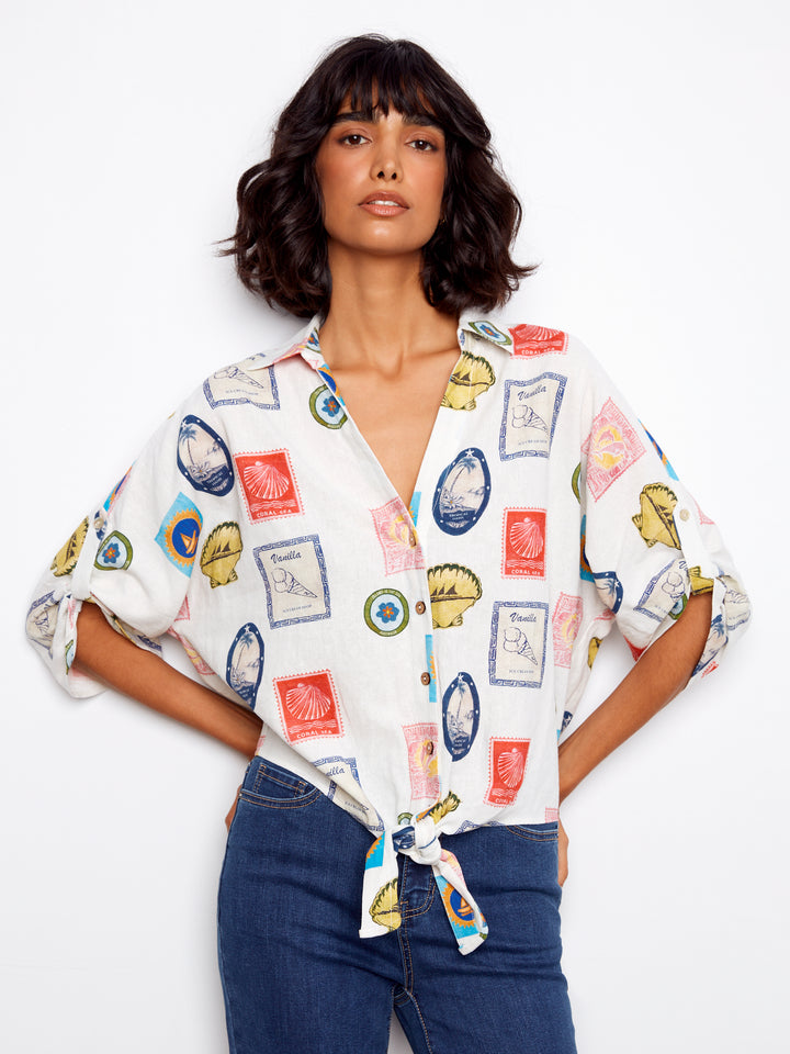Postcard Print Tie Front Blouse