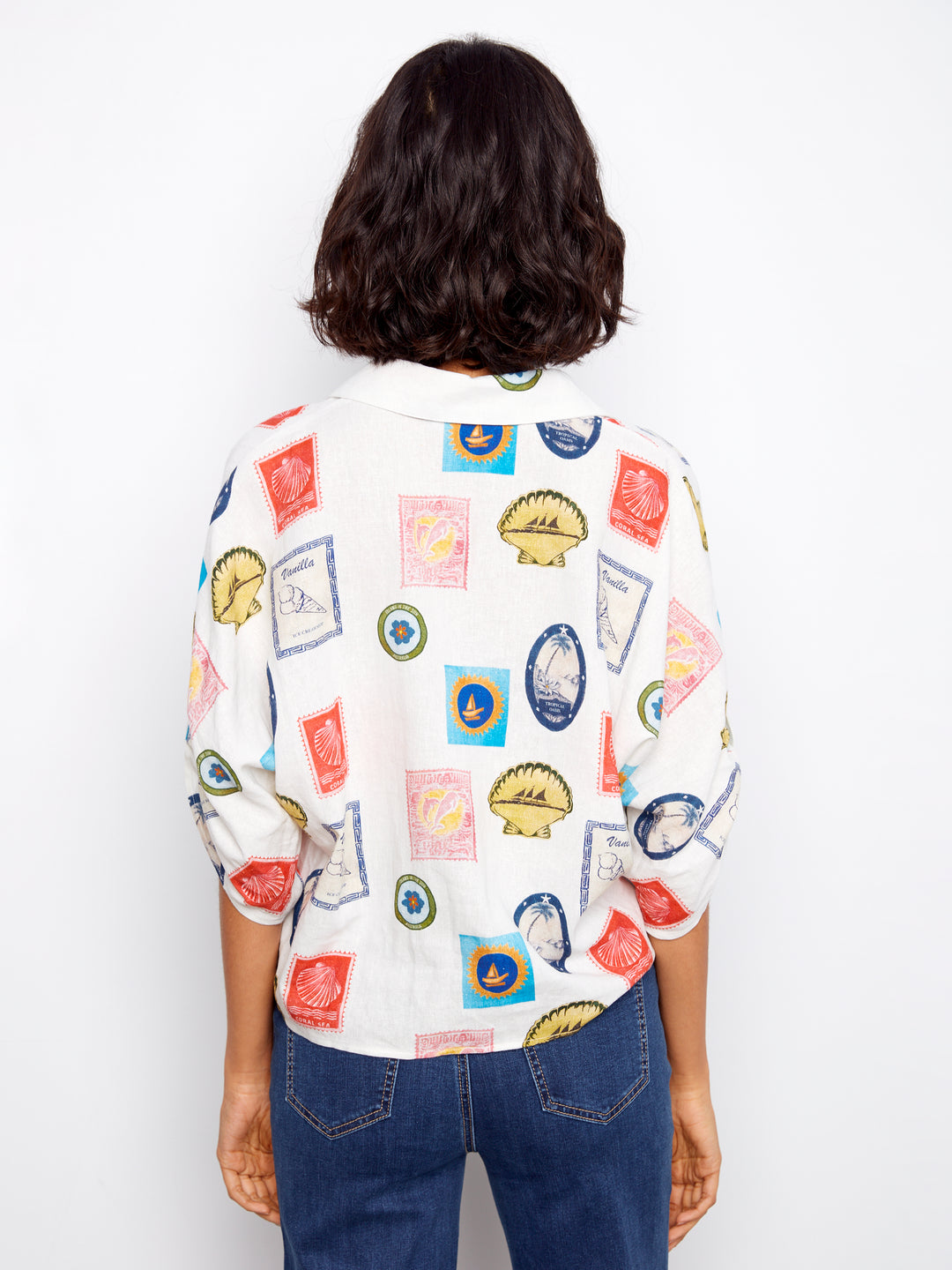 Postcard Print Tie Front Blouse
