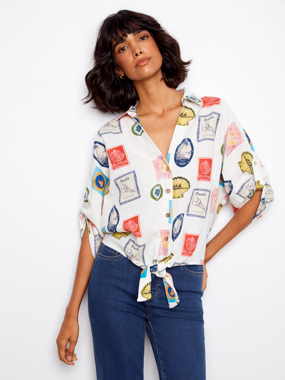 Postcard Print Tie Front Blouse