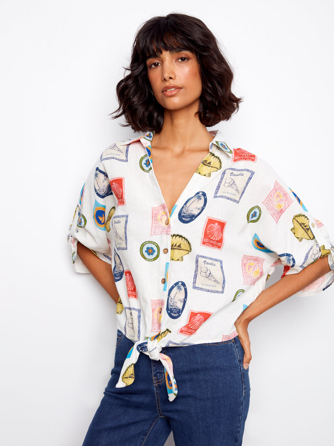 Postcard Print Tie Front Blouse