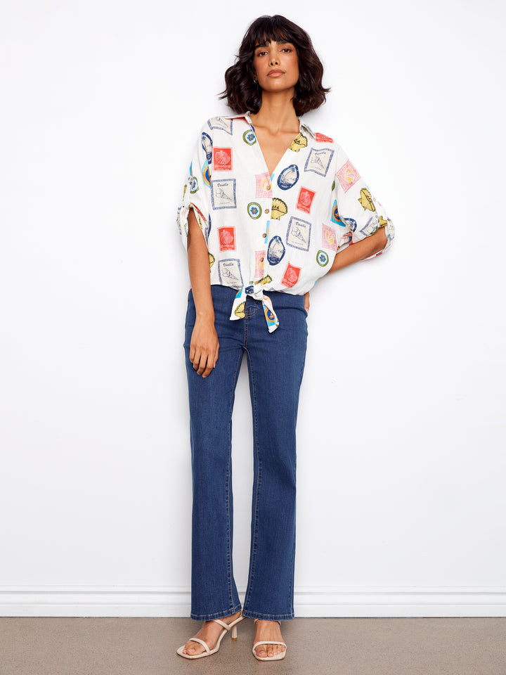 Postcard Print Tie Front Blouse