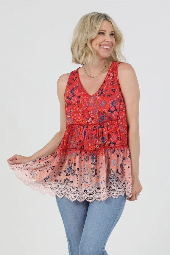 Print Swing Top With Lace Hem