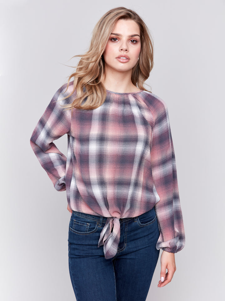 Quartz Check Tie Front Blouse