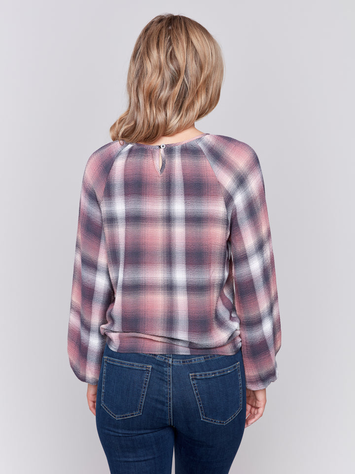 Quartz Check Tie Front Blouse