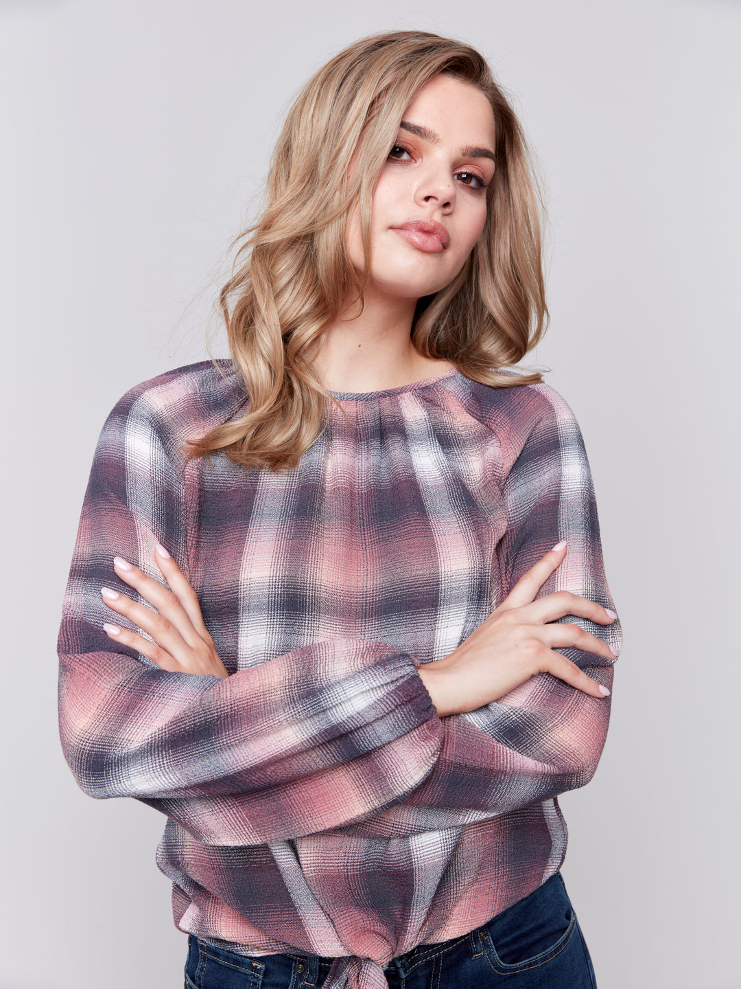 Quartz Check Tie Front Blouse