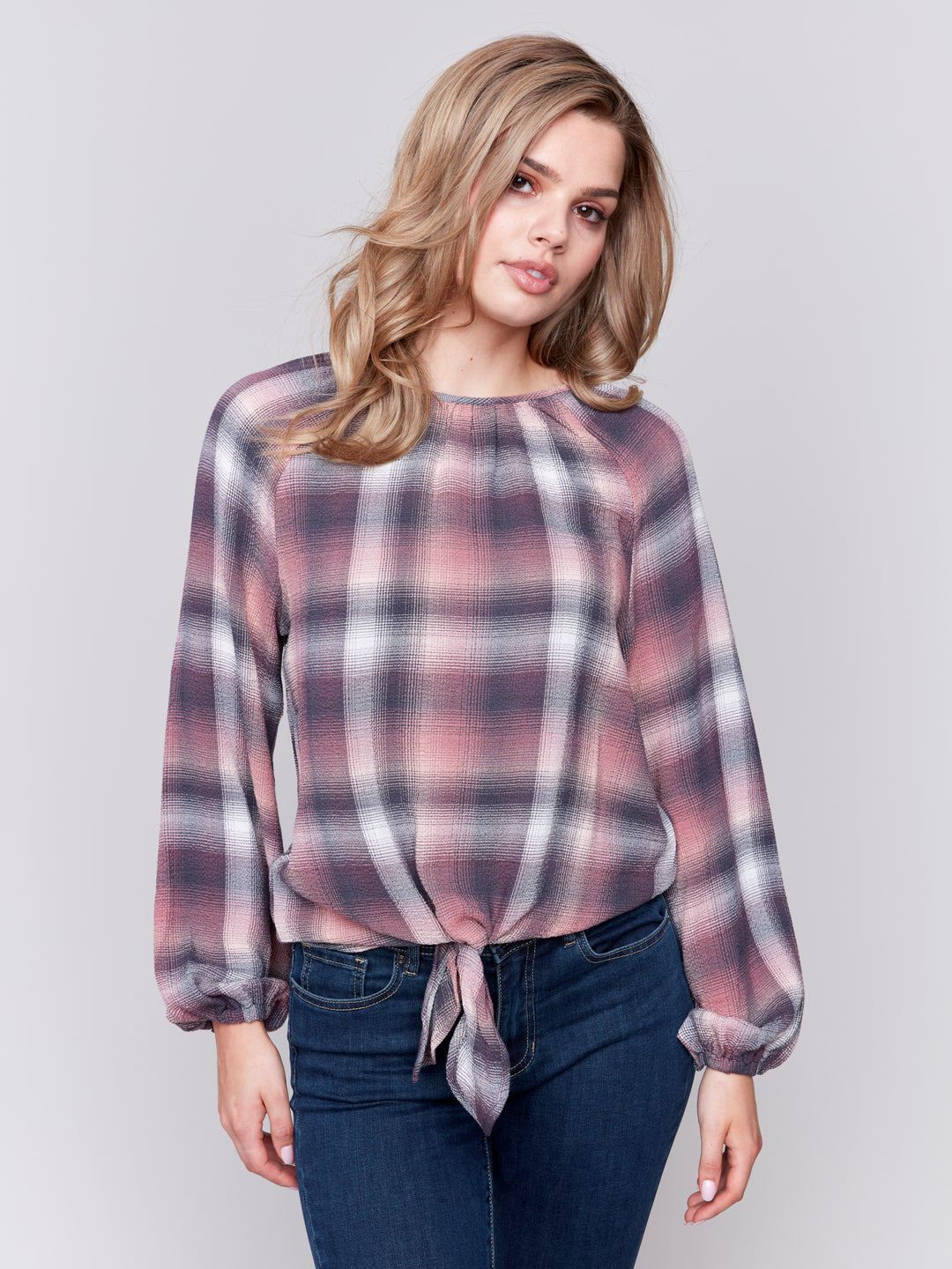 Quartz Check Tie Front Blouse