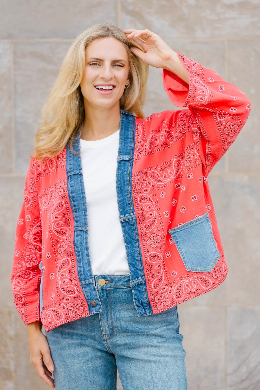 Red Bandana Denim Detail Short Kimono
