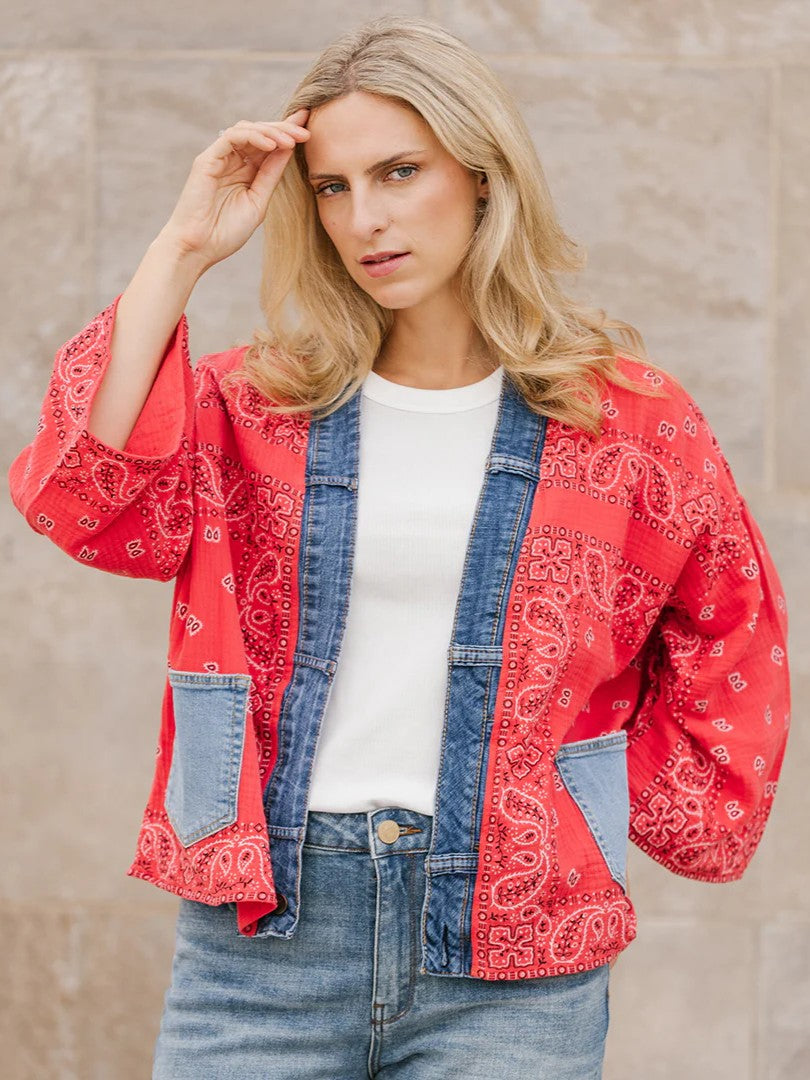 Red Bandana Denim Detail Short Kimono