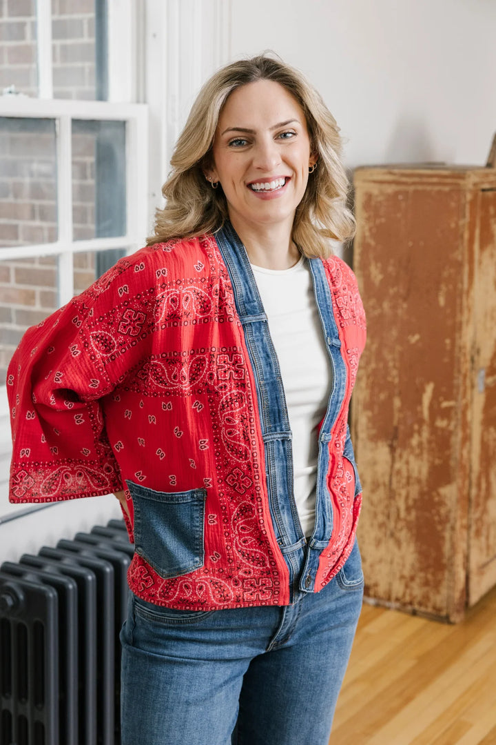 Red Bandana Denim Detail Short Kimono