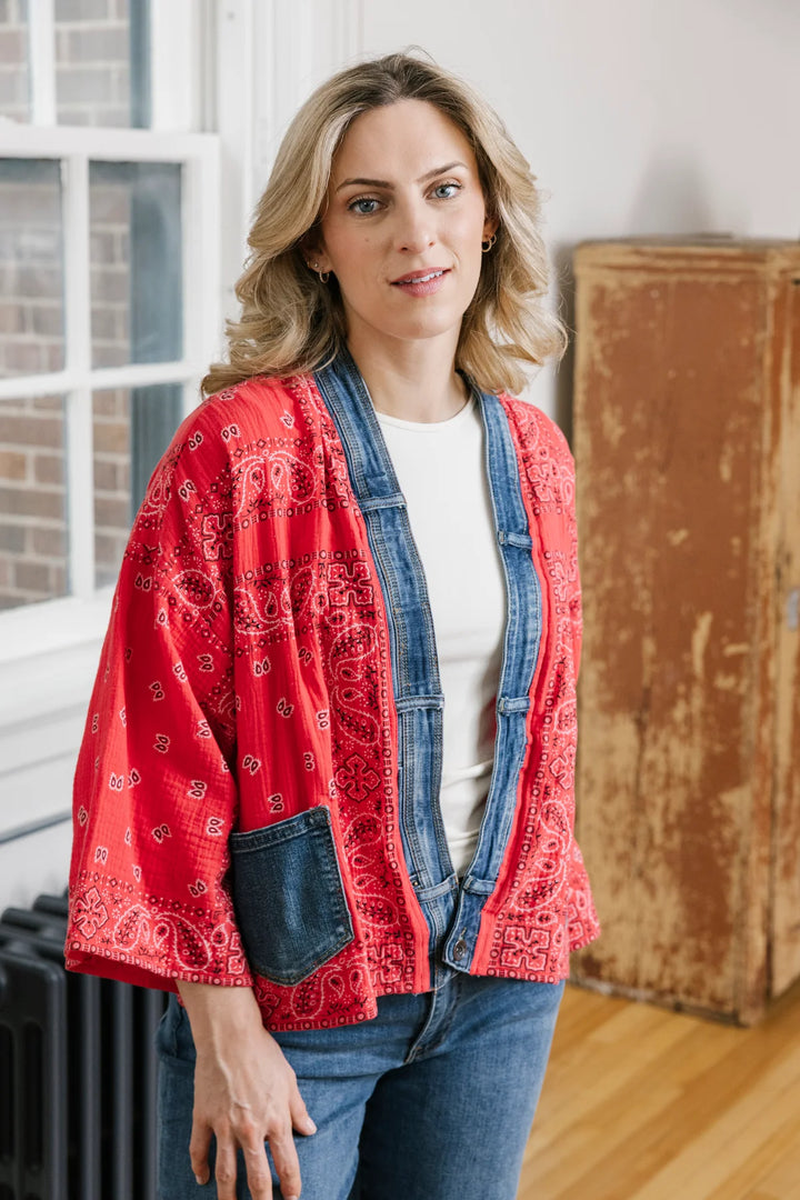 Red Bandana Denim Detail Short Kimono