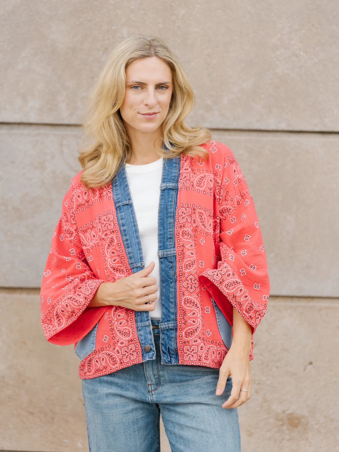 Red Bandana Denim Detail Short Kimono