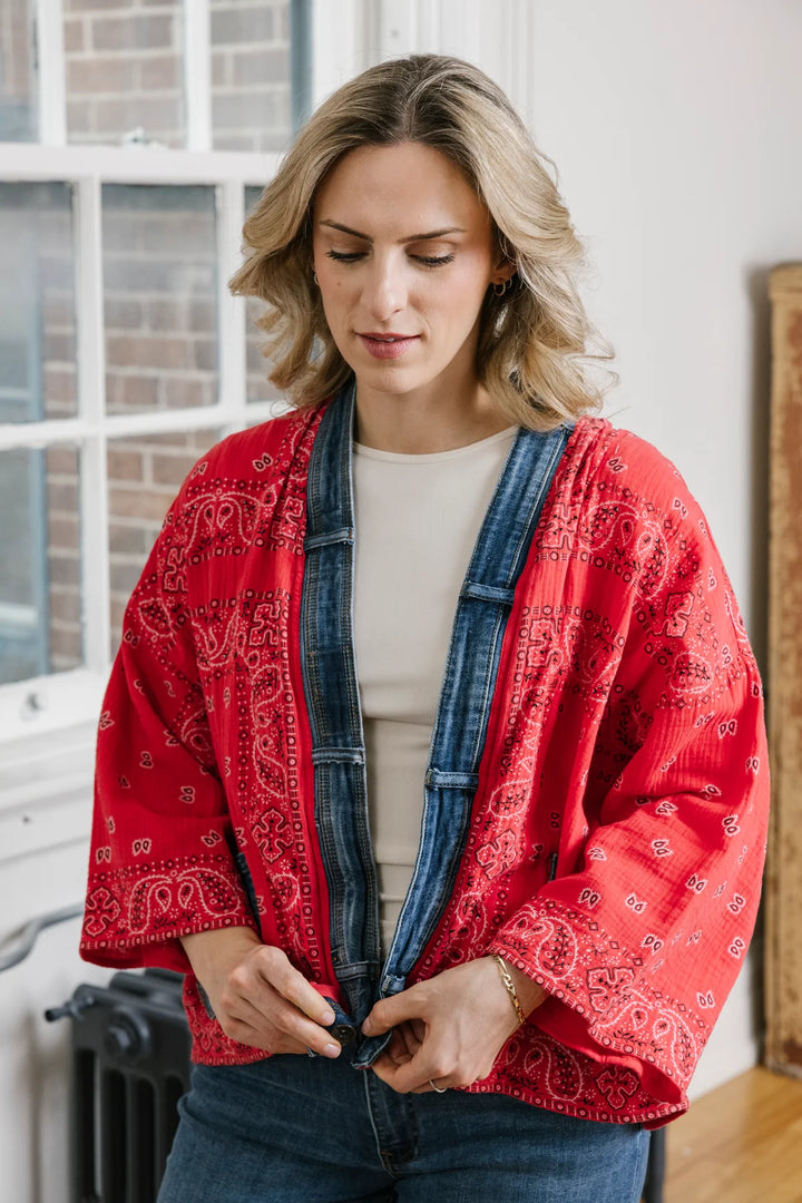 Red Bandana Denim Detail Short Kimono