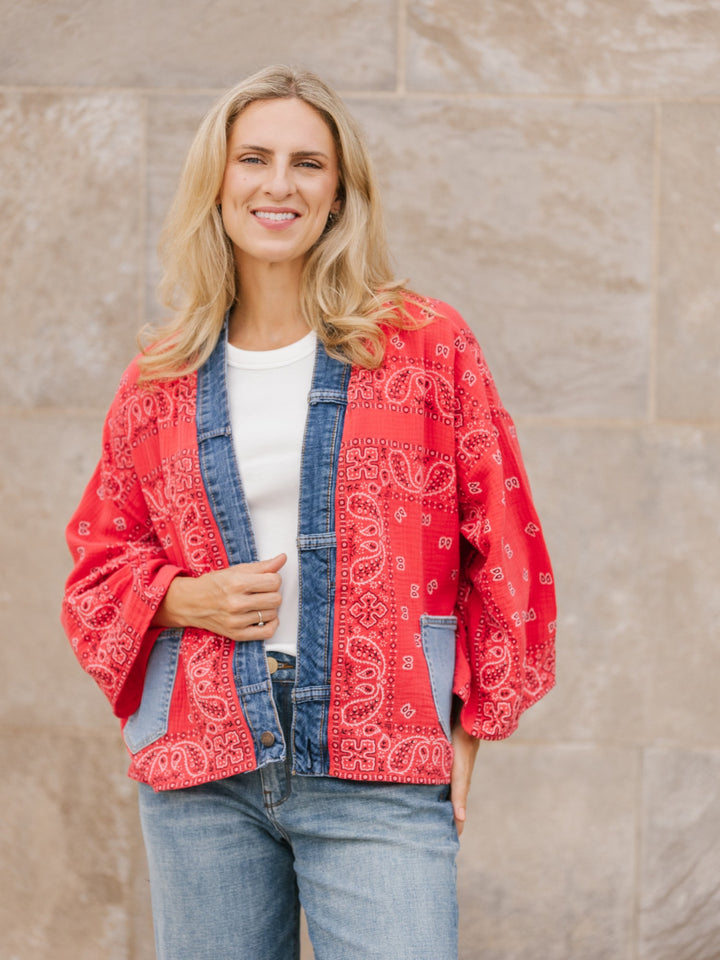 Red Bandana Denim Detail Short Kimono