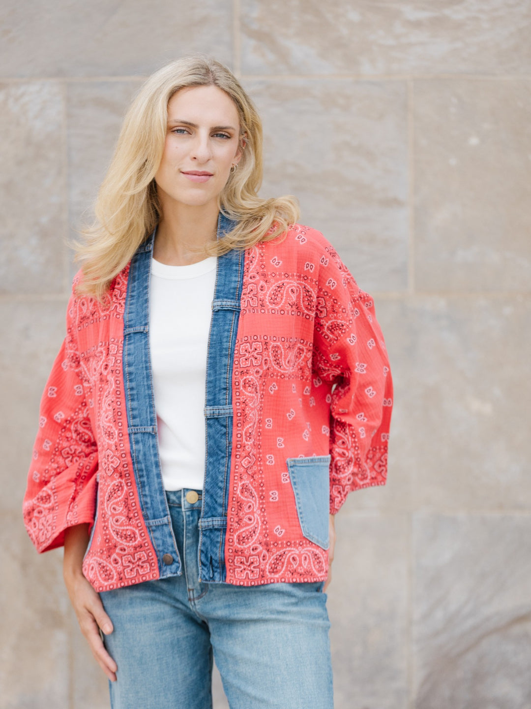 Red Bandana Denim Detail Short Kimono