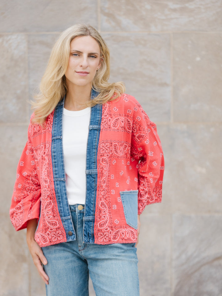 Red Bandana Denim Detail Short Kimono