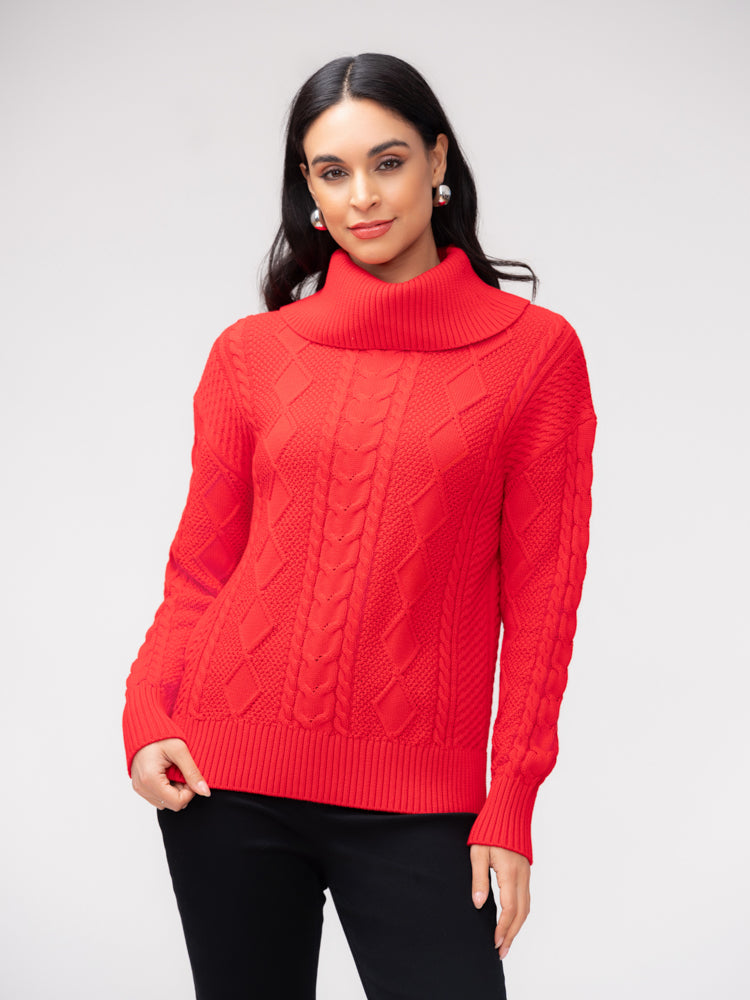 Red Big Cowl Cable Knit Sweater