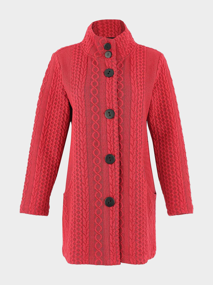 Red Cable Jacquard Knit Long Jacket