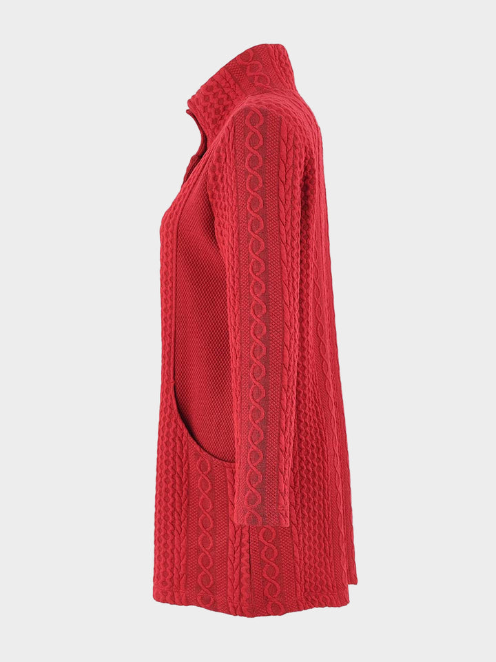 Red Cable Jacquard Knit Long Jacket