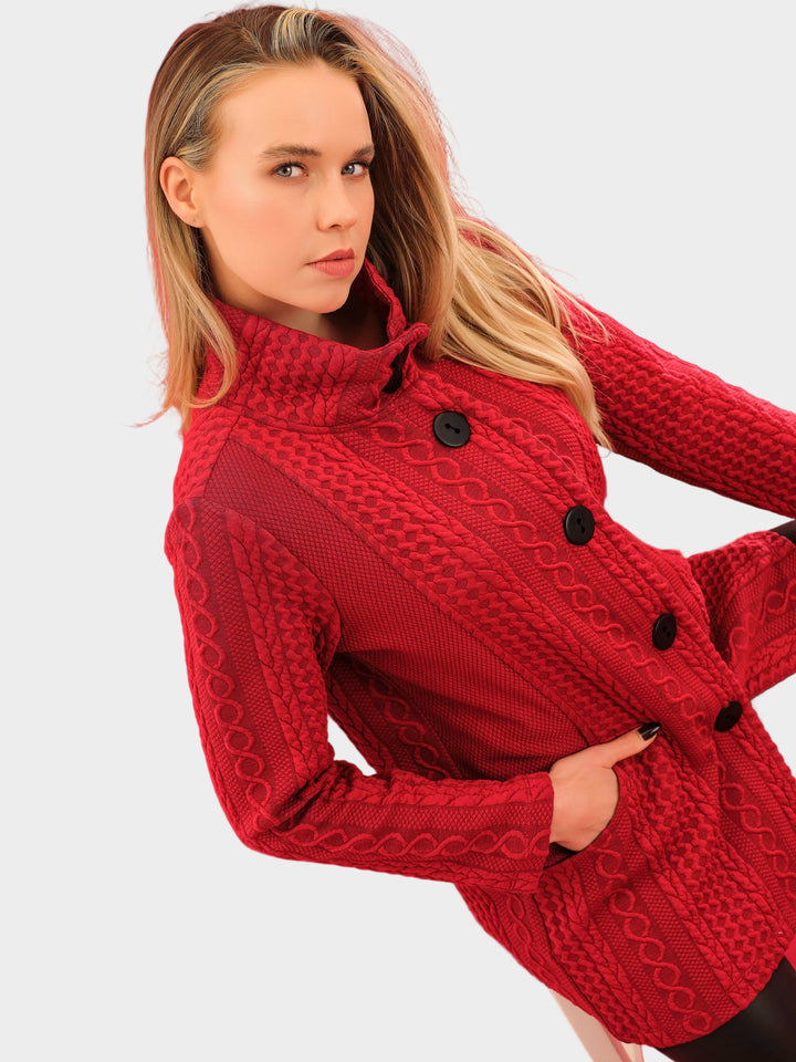 Red Cable Jacquard Knit Long Jacket