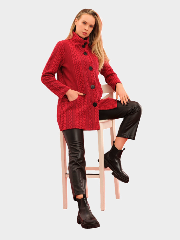 Red Cable Jacquard Knit Long Jacket