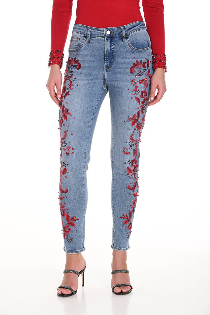 Red Embroidered Slim Leg Jean