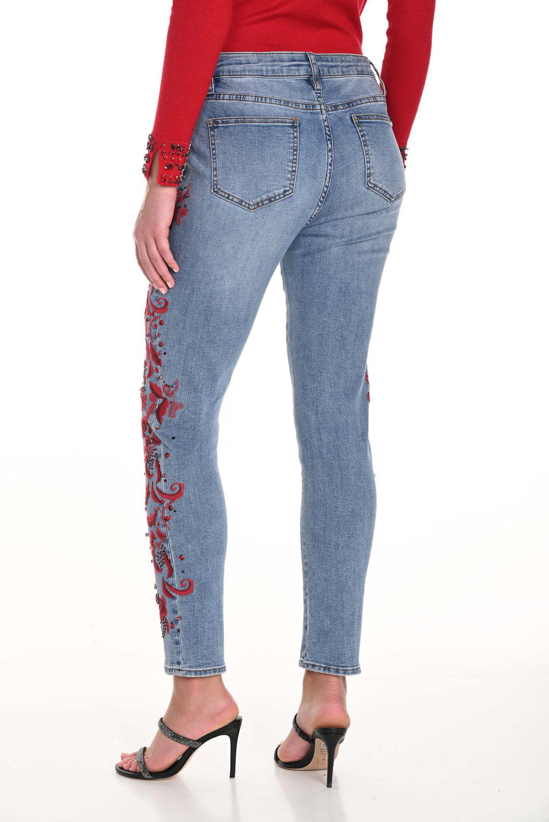 Red Embroidered Slim Leg Jean