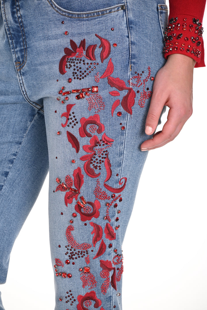 Red Embroidered Slim Leg Jean