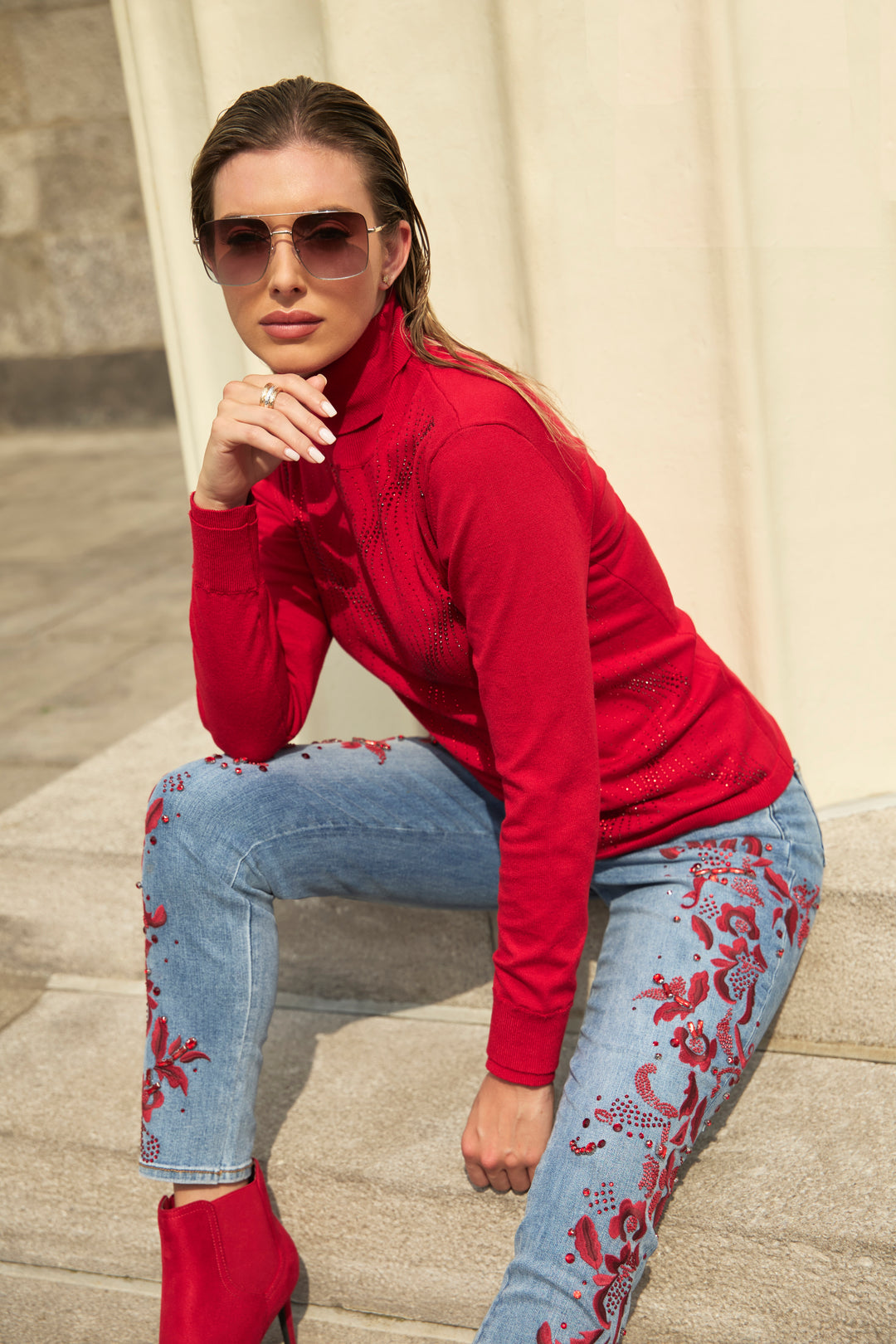 Red Embroidered Slim Leg Jean