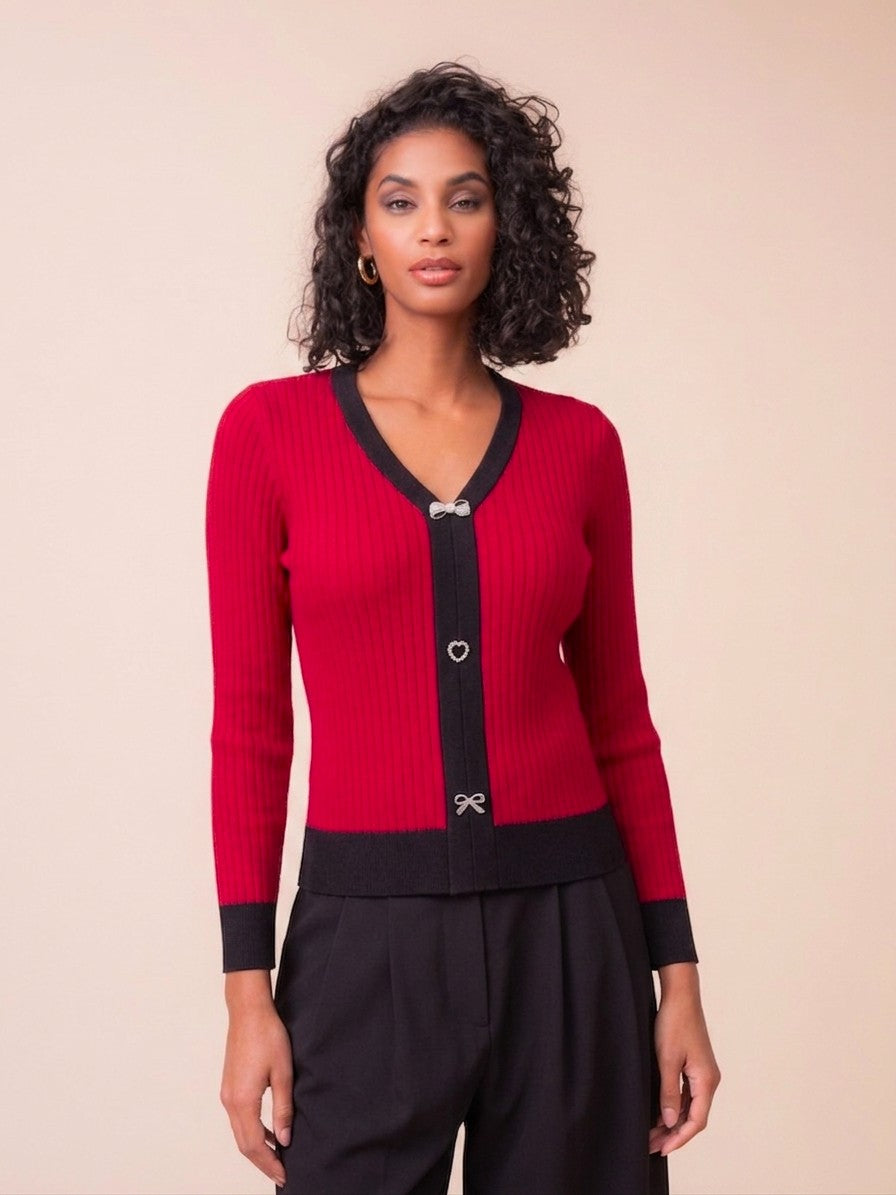 Red Lovely Button Ribbed Sweater
