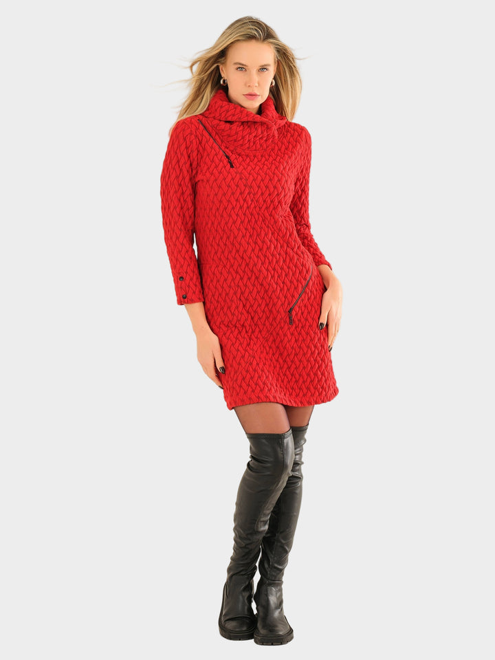 Red Zip Detail Jacquard Knit Dress