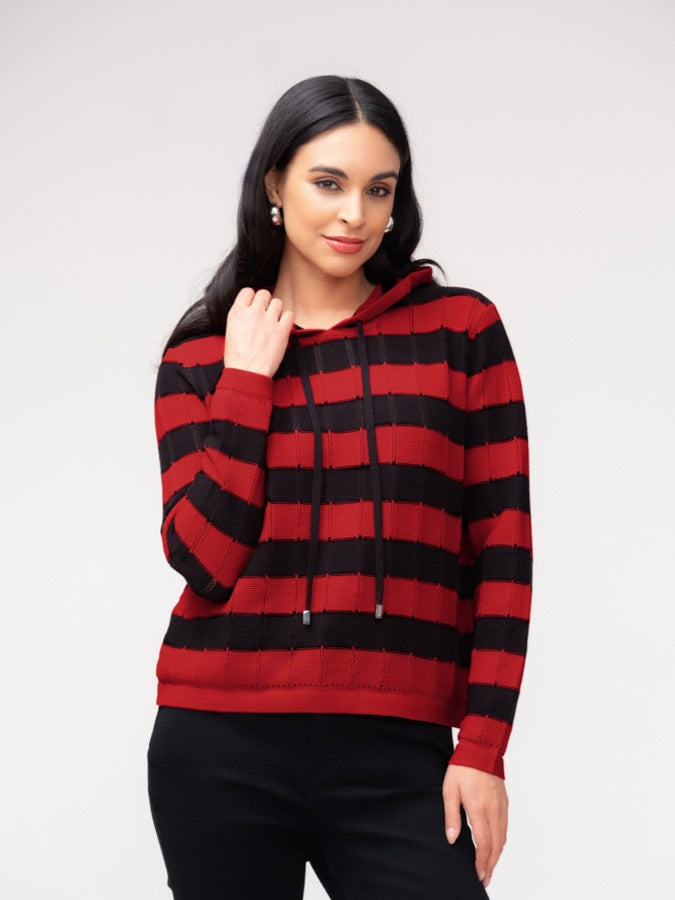 Red and Black Striped Hooded Sweater
