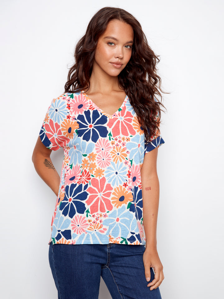 Retro Printed Linen V-Neck Top