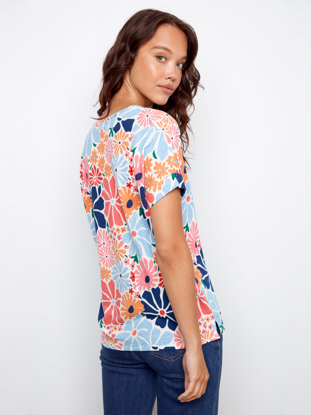 Retro Printed Linen V-Neck Top